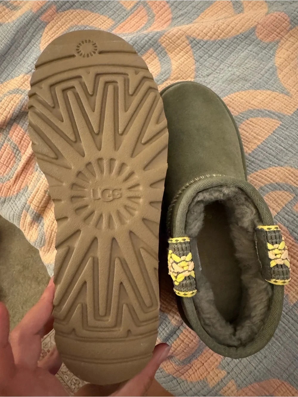 UGG Classic Ultra Mini Platform Boot - Olive with Yellow & Pink Trim